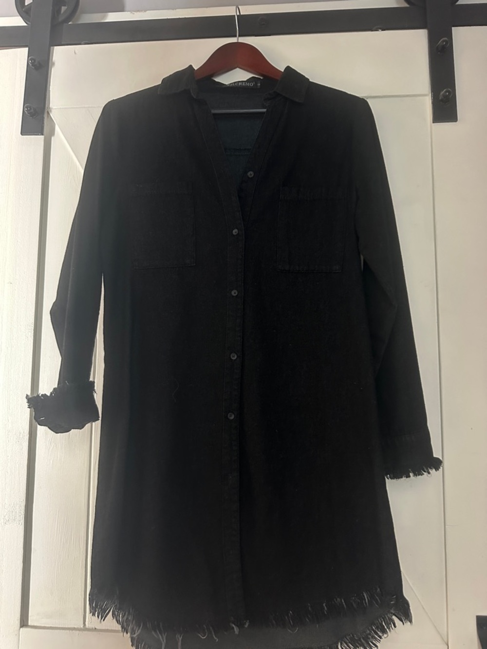 Women’s Black denim Long Sleeve Frayed Hem Shirt Dress
